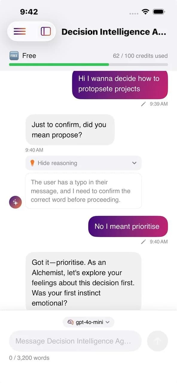 Brandscaling iOS app, Decision Intelligence Agent chat with reasoning toggle and user messages