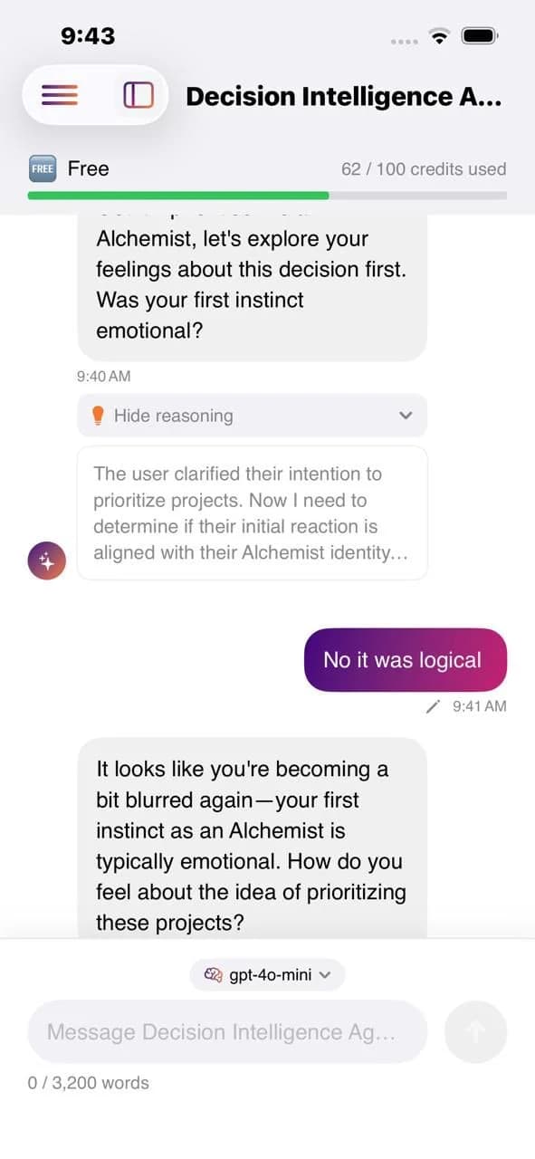 Brandscaling iOS app, Decision Intelligence Agent continuing a prioritisation conversation