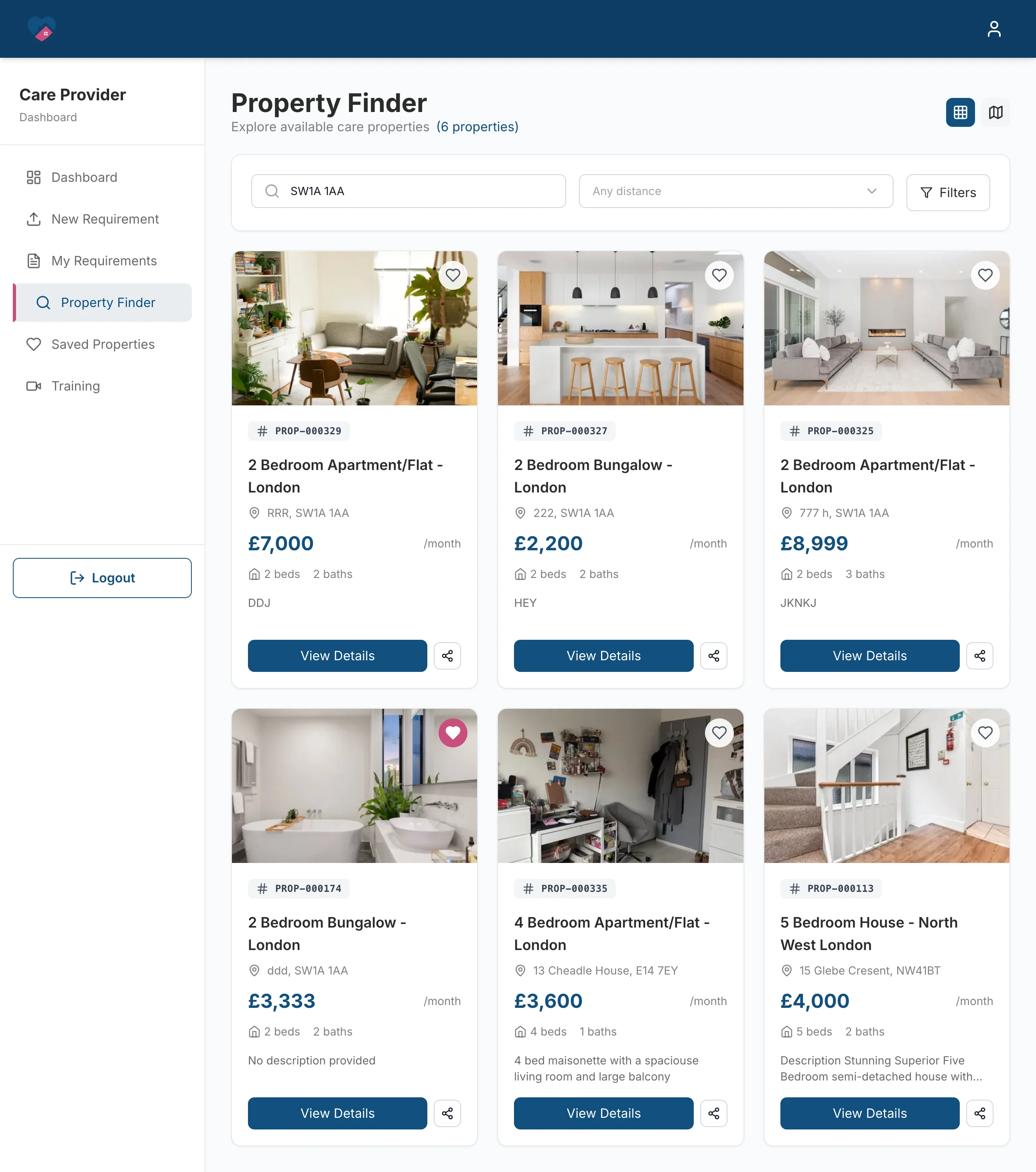 Care Property Hub,  app dashboard