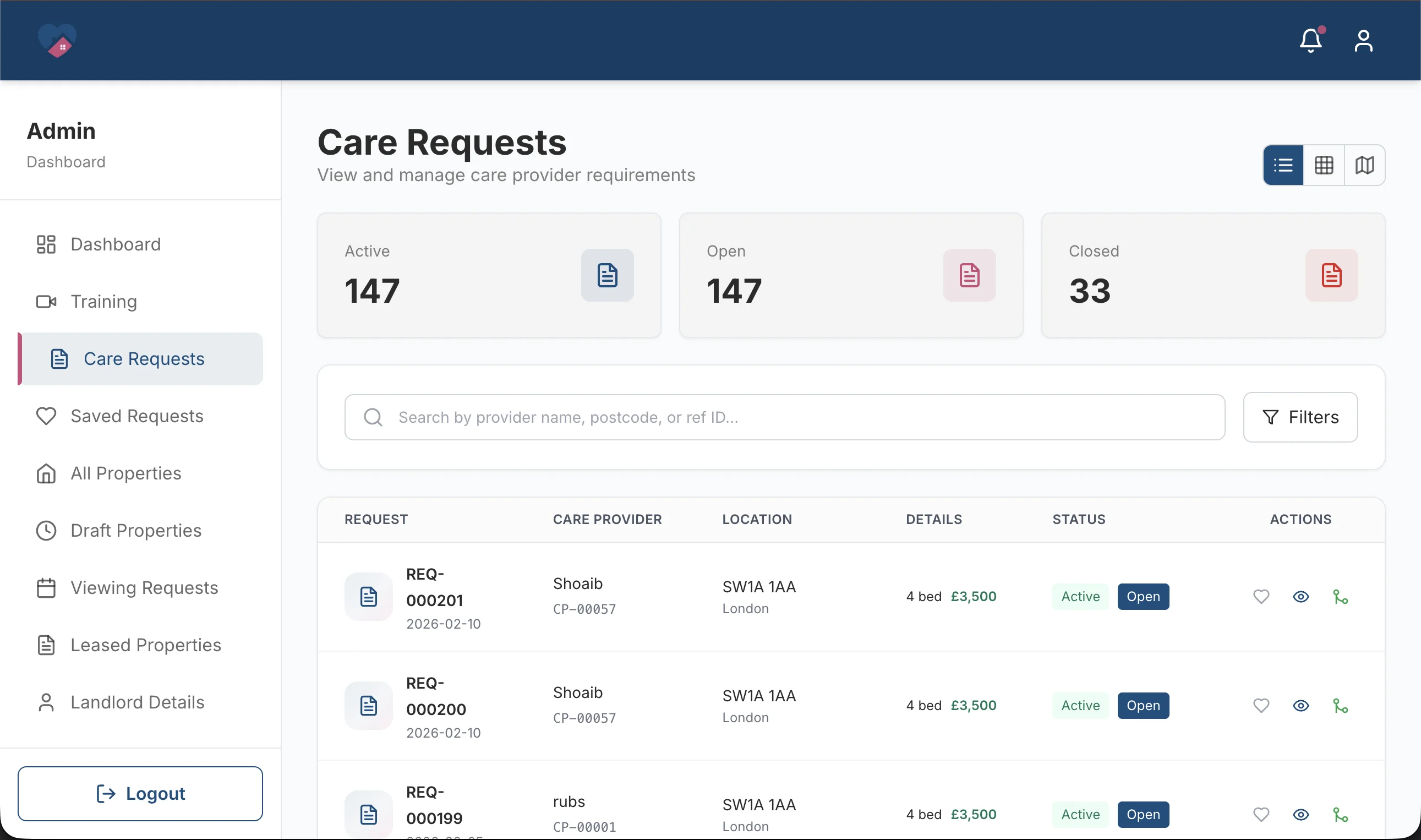 Care Property Hub,  care providers requirements, table view (admin)