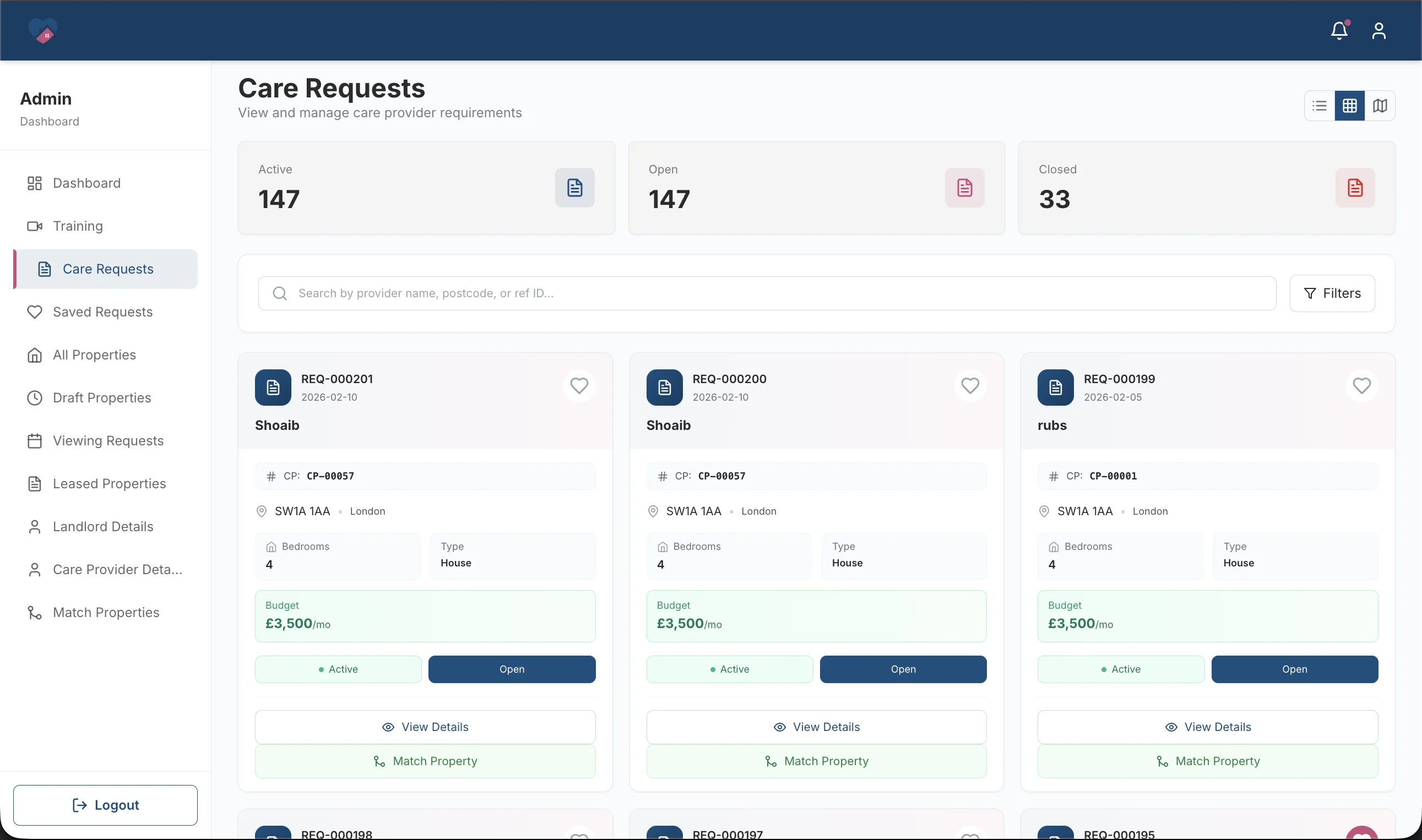 Care Property Hub,  care providers requirements, map view (admin)