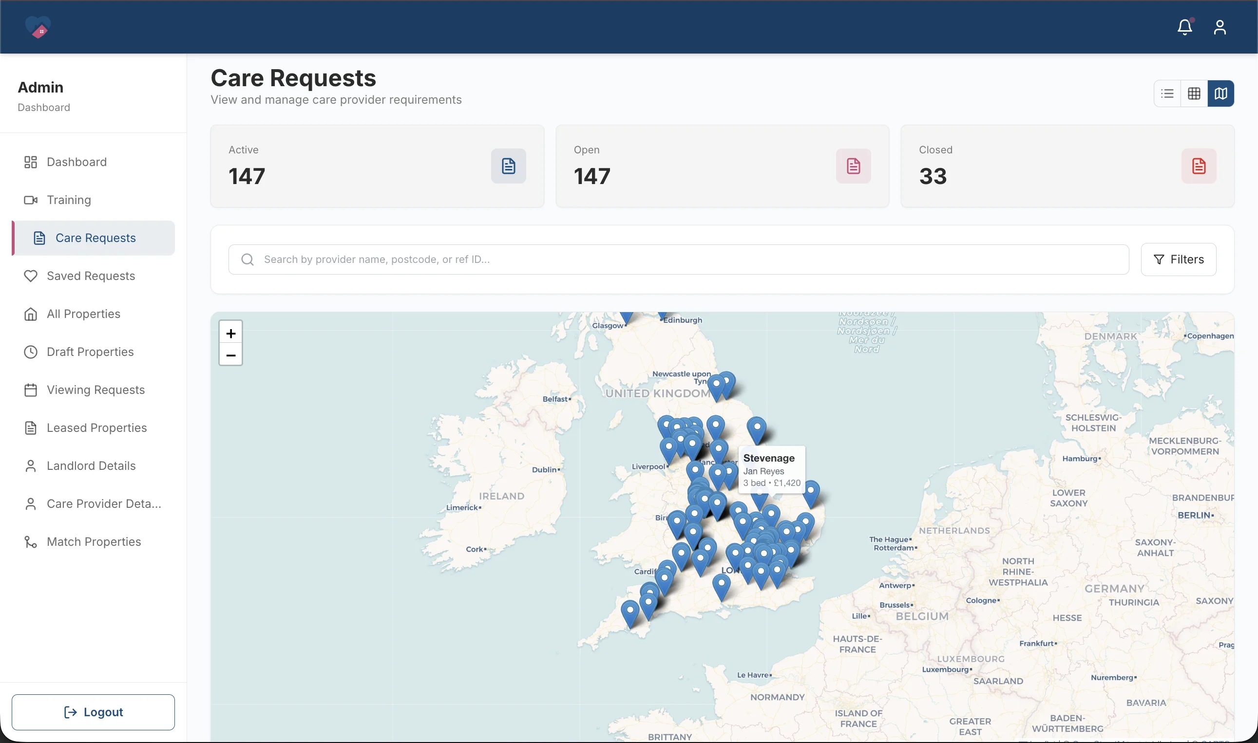 Care Property Hub,  care providers requirements, grid view (admin)