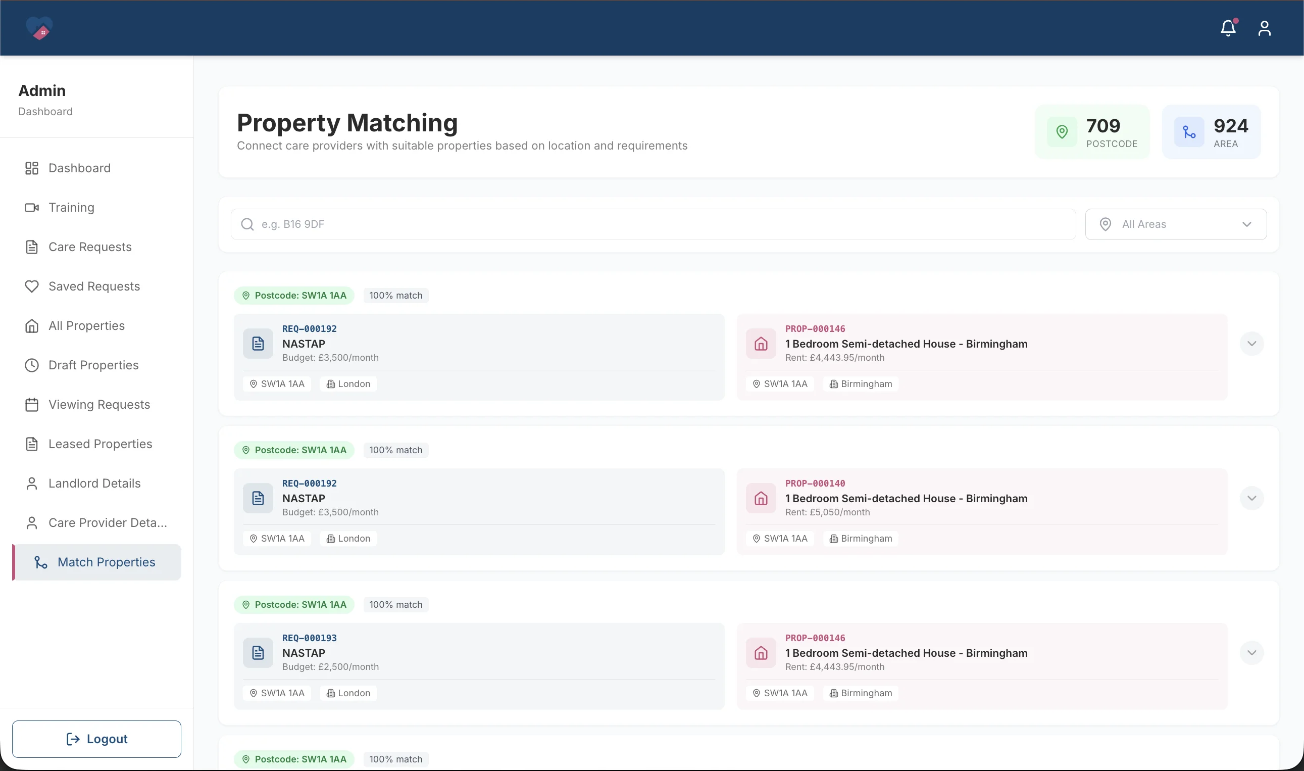 Care Property Hub,  property match suggestions for admin