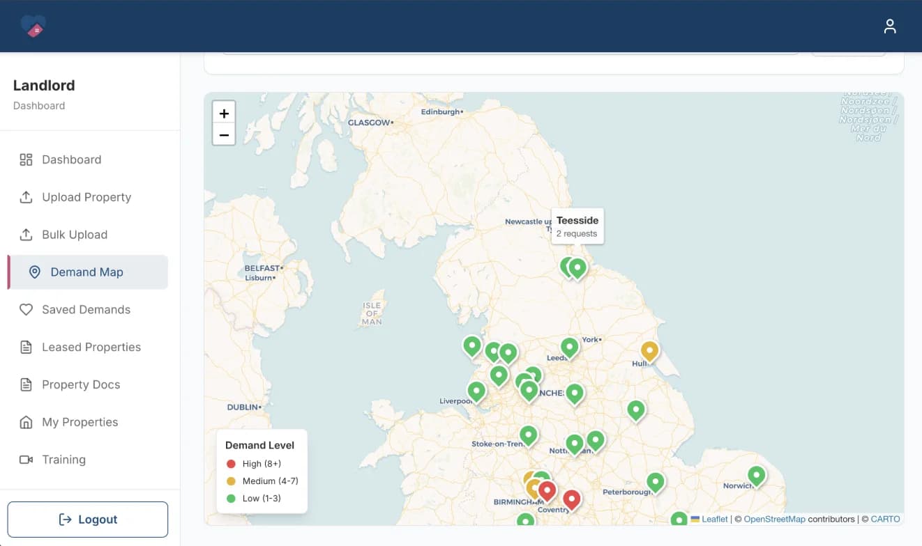 Care Property Hub,  Property Demand map for landlord
