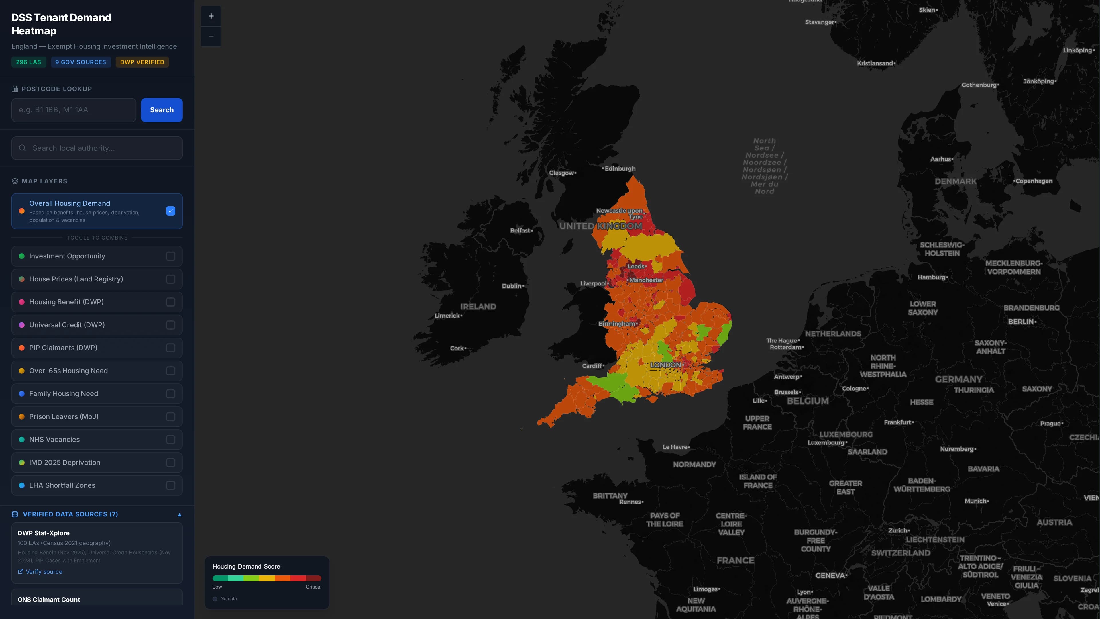 Demand Map, verified data sources panel listing ONS, DWP, IMD, LHA and related feeds