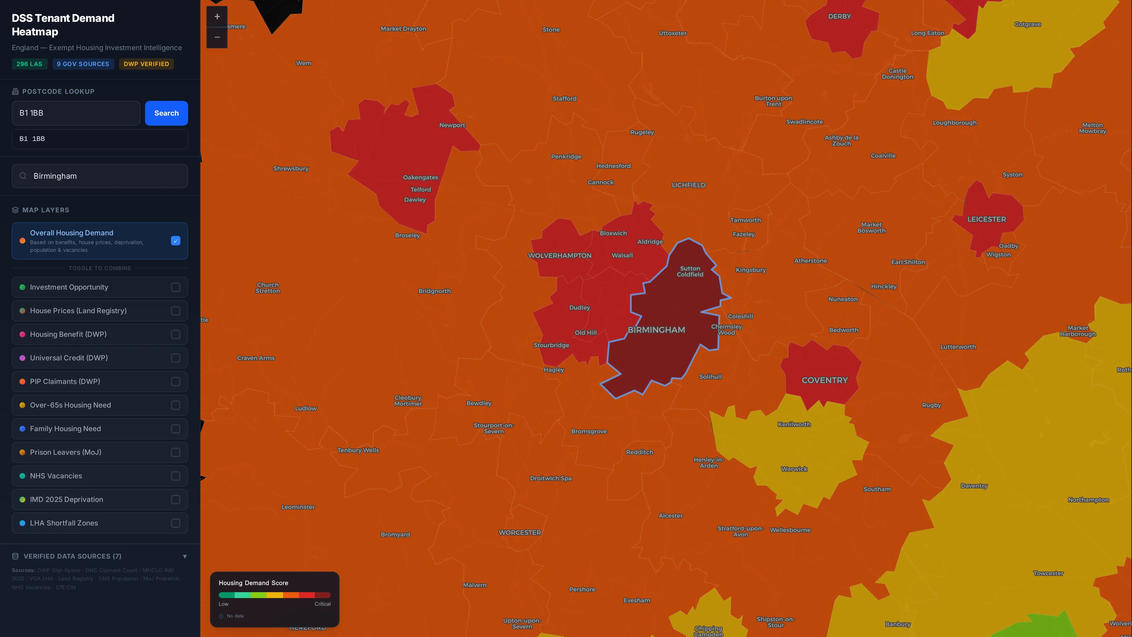 Demand Map, postcode search with highlighted result on the map