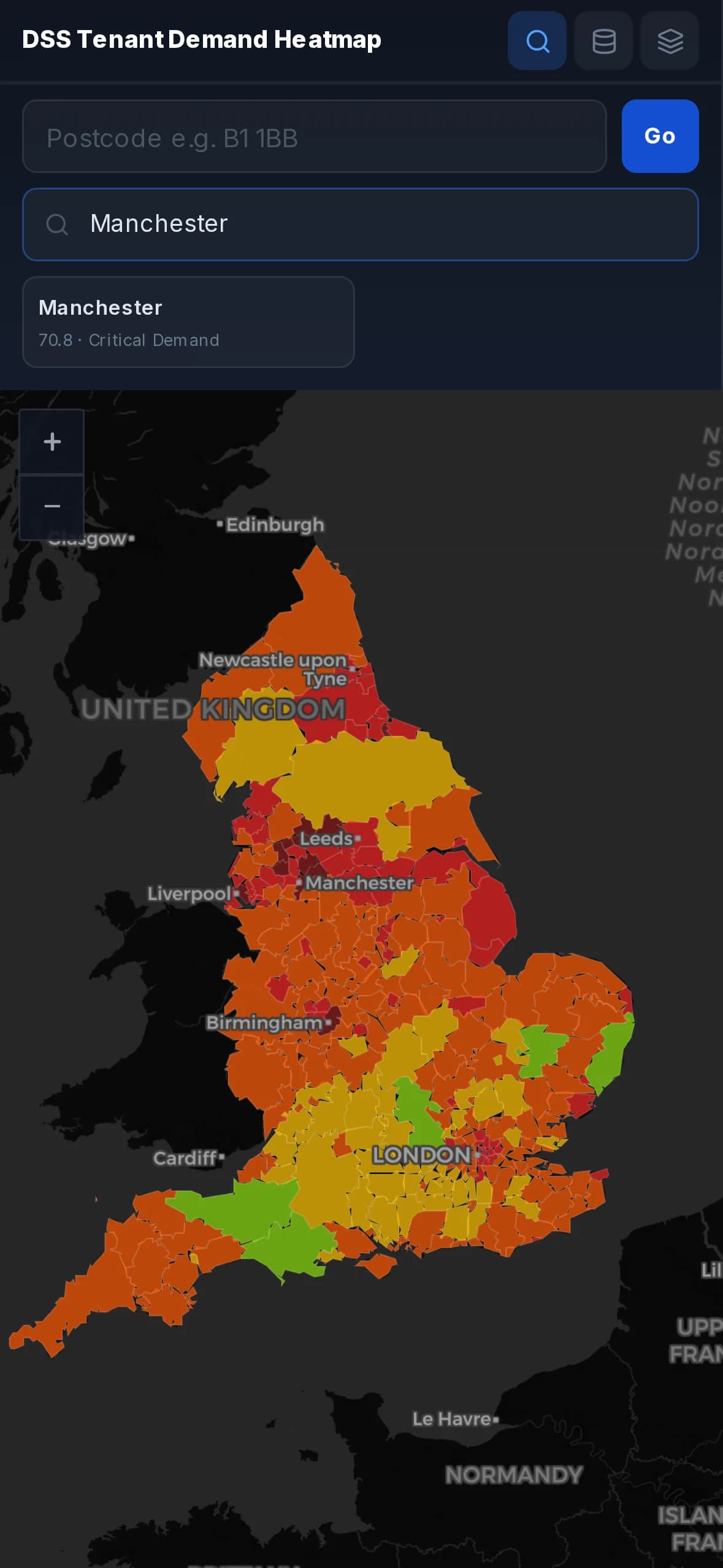Demand Map on mobile, local authority name search suggestions