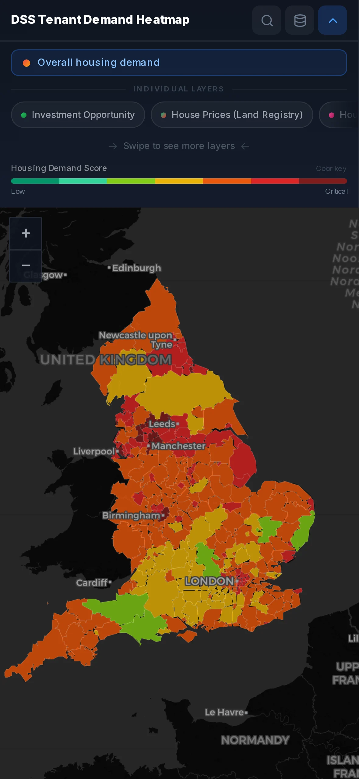 Demand Map on mobile, scrollable metrics and layer toggles list