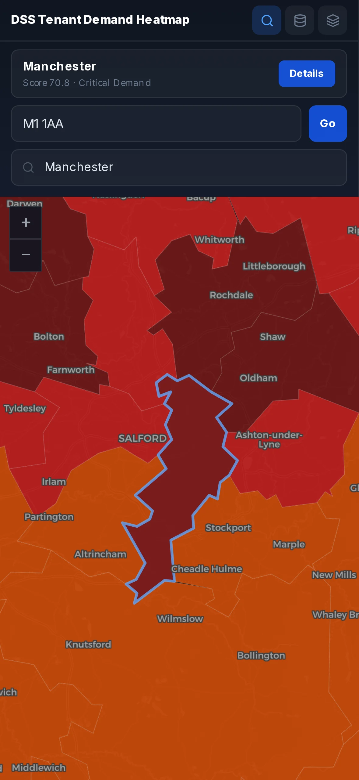 Demand Map on mobile, postcode match card above the map