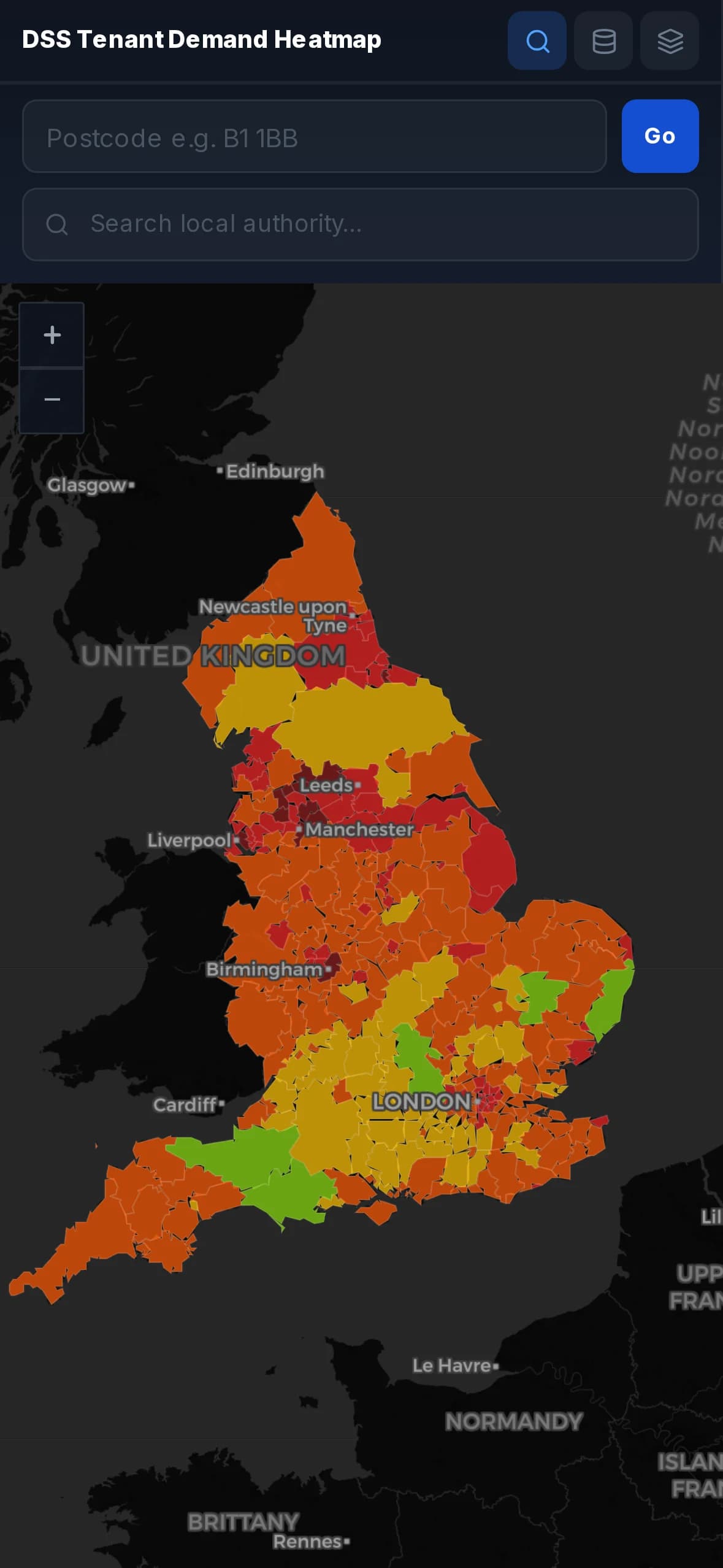 Demand Map on mobile, search and postcode entry sheet over the map