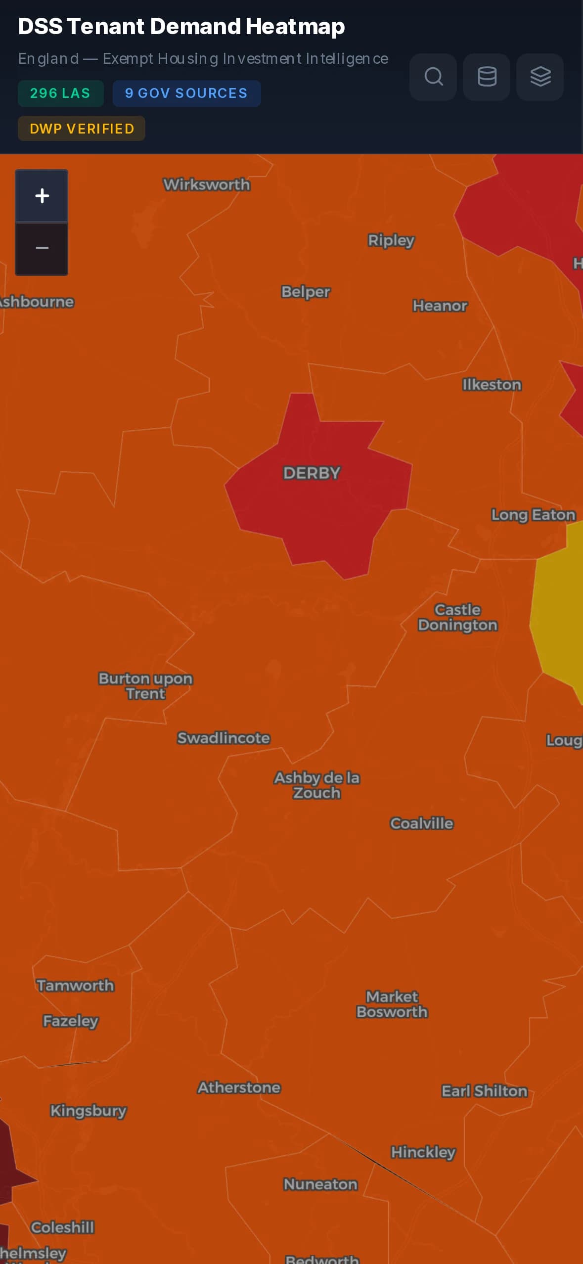 Demand Map on mobile, zoomed map framing dense boundaries